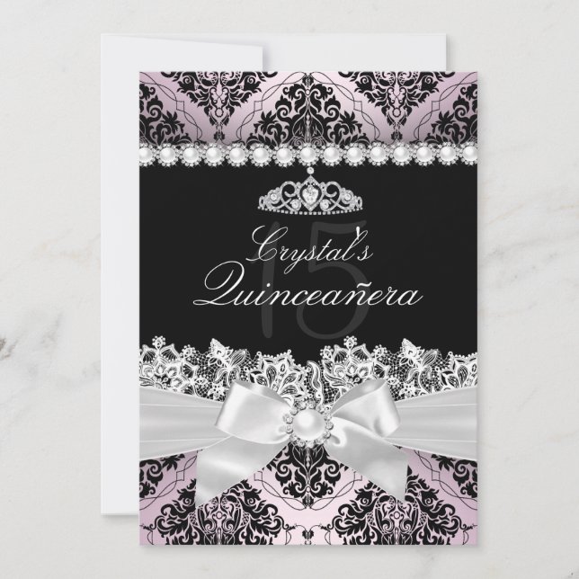 Invitation de Quinceanera en damas noir rose (Devant)