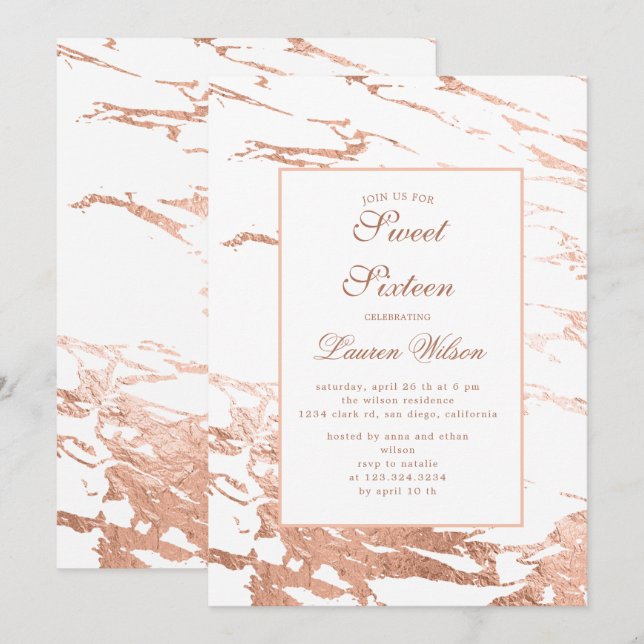 Invitation de Quinceanera en marbre de feuille de  (Devant / Derrière)