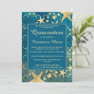 Invitation de Quinceanera en or brillant et bleu