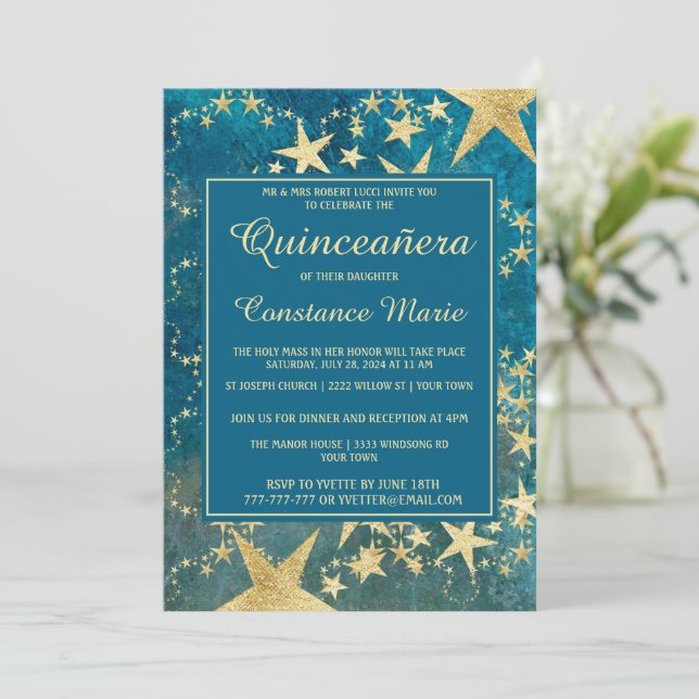 Invitation de Quinceanera en or brillant et bleu (Debout devant)