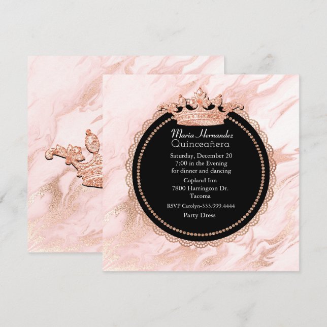 Invitation de Quinceañera en or rose marbré (Devant / Derrière)