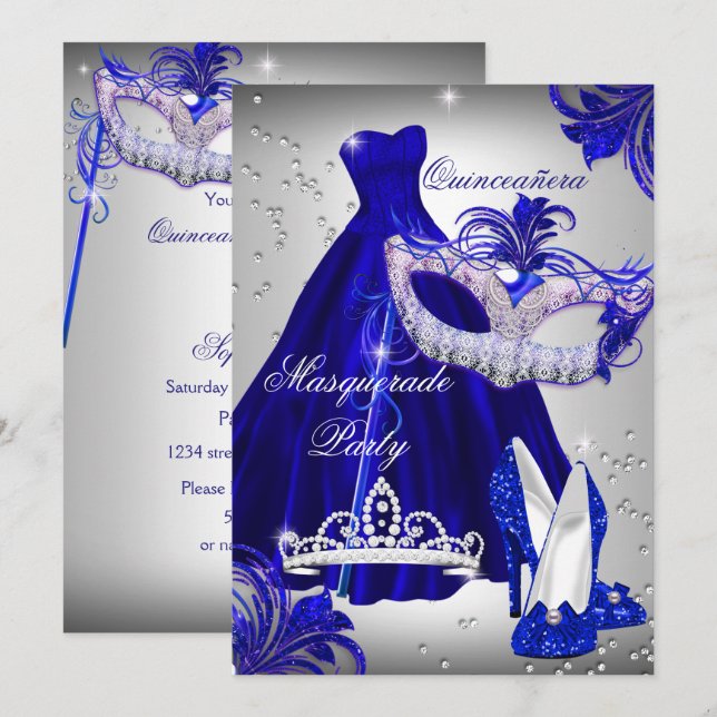 Invitation de Quinceañera en robe argentée et bleu (Devant / Derrière)