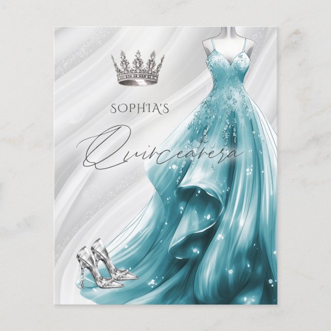 Invitation de Quinceañera en robe sarcelle de budg (Devant)