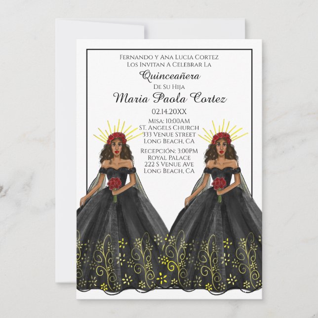 Invitation de Quinceanera Espagnol Noir et Or (Devant)