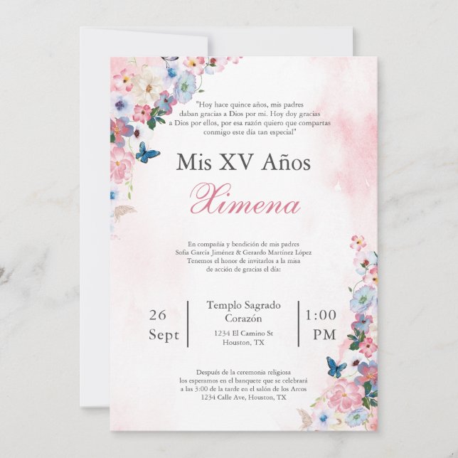 Invitation de Quinceañera fleur de printemps rose  (Devant)