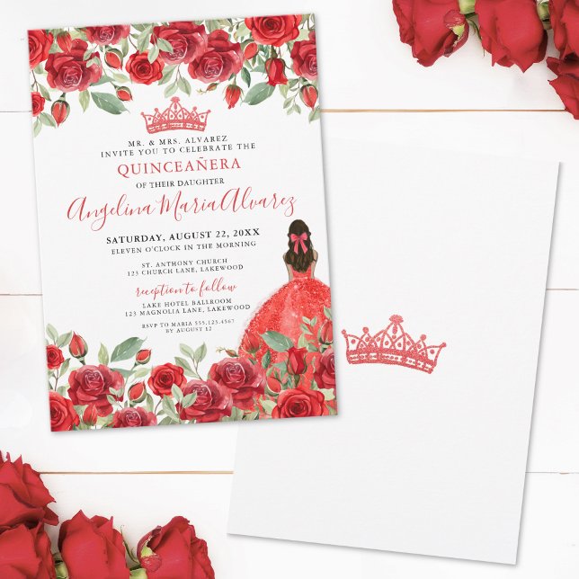 Invitation de Quinceañera Fleurale aux Roses Rouge (Red Roses Floral Quinceanera Invitation)