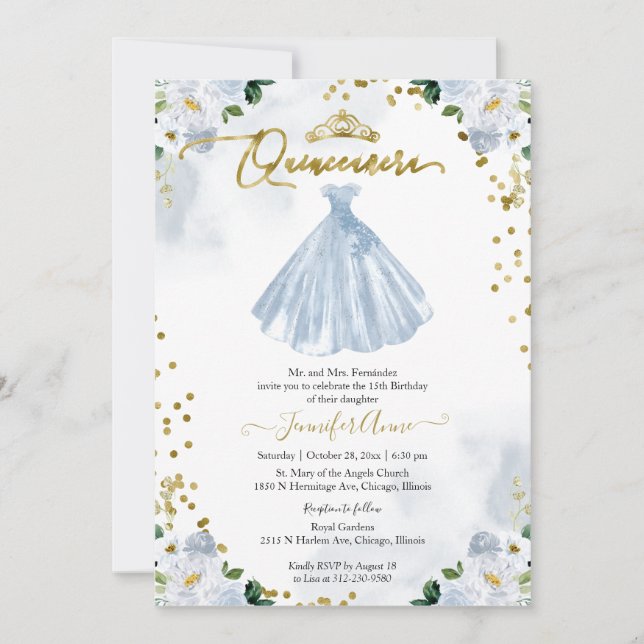 Invitation de Quinceañera Fleurie Bleue Bilingue (Devant)