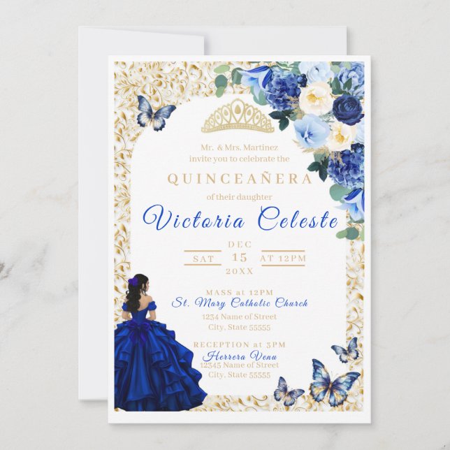 Invitation de Quinceañera Fleurie Papillon Or Bleu (Devant)