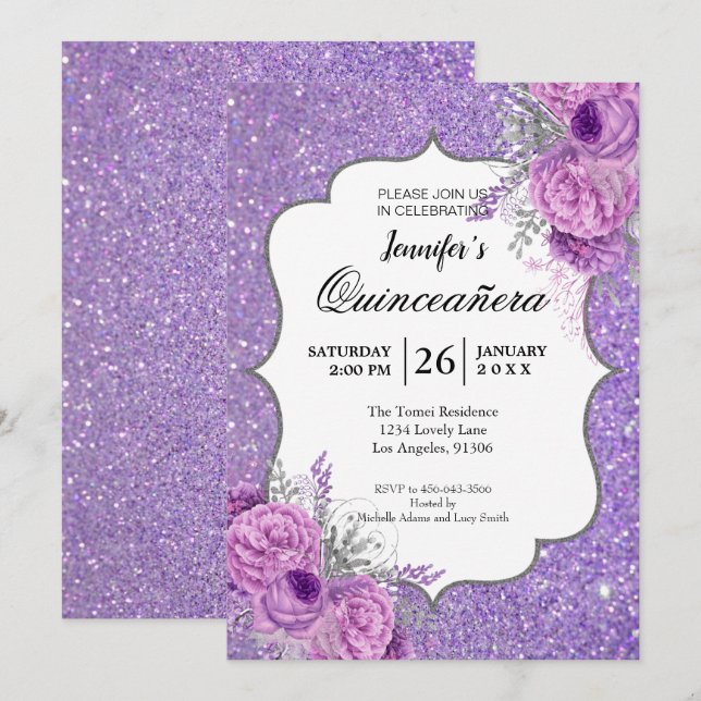 Invitation de Quinceanera Fleurie Violet Pailletée (Devant / Derrière)