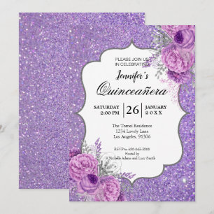 Invitation de Quinceanera Fleurie Violet Pailletée