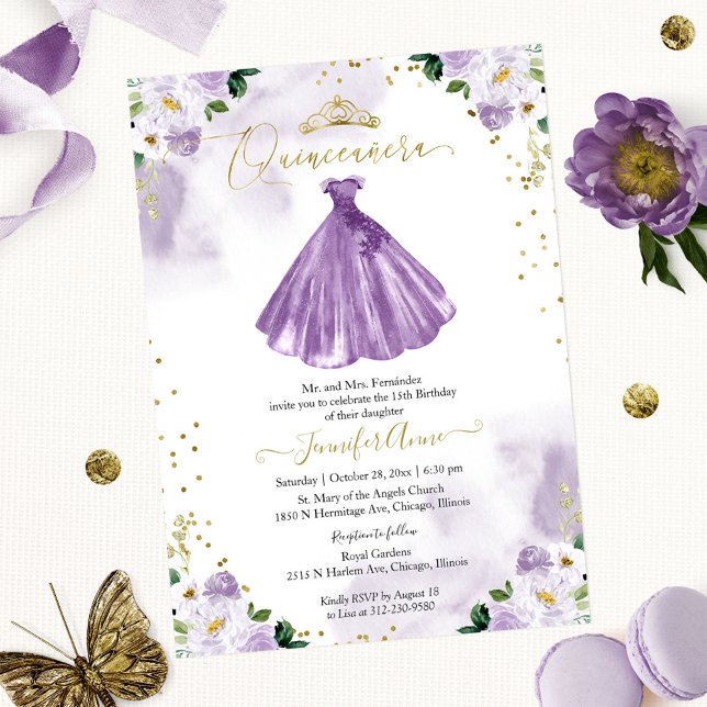 Invitation de Quinceañera Fleurie Violette Bilingu (Créateur téléchargé)