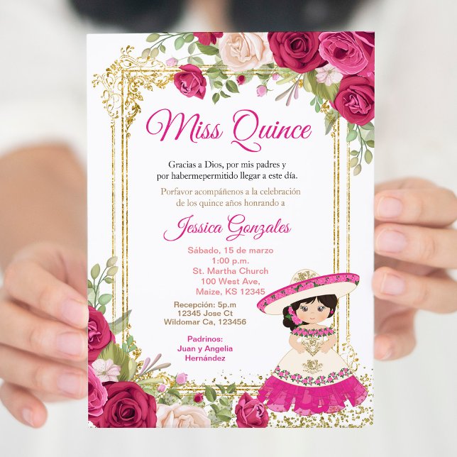 Invitation de Quinceañera Fleurs Roses Roses Mexic (Créateur téléchargé)