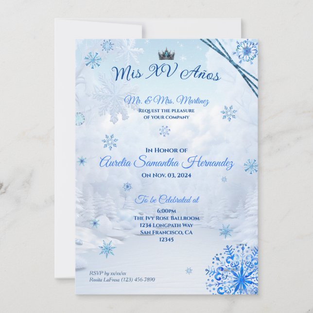 Invitation de Quinceañera Flocon de Neige Merveill (Devant)