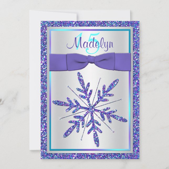 Invitation de Quinceañera Flocon de Neige Paillett (Devant)