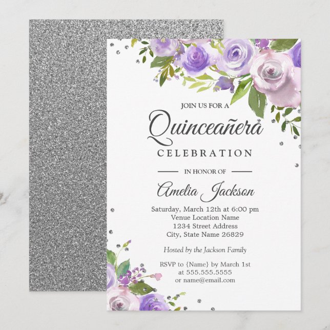 Invitation de Quinceanera Floral Argent violet (Devant / Derrière)