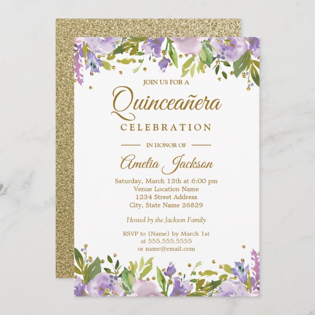 Invitation de Quinceanera Floral Or (Devant / Derrière)