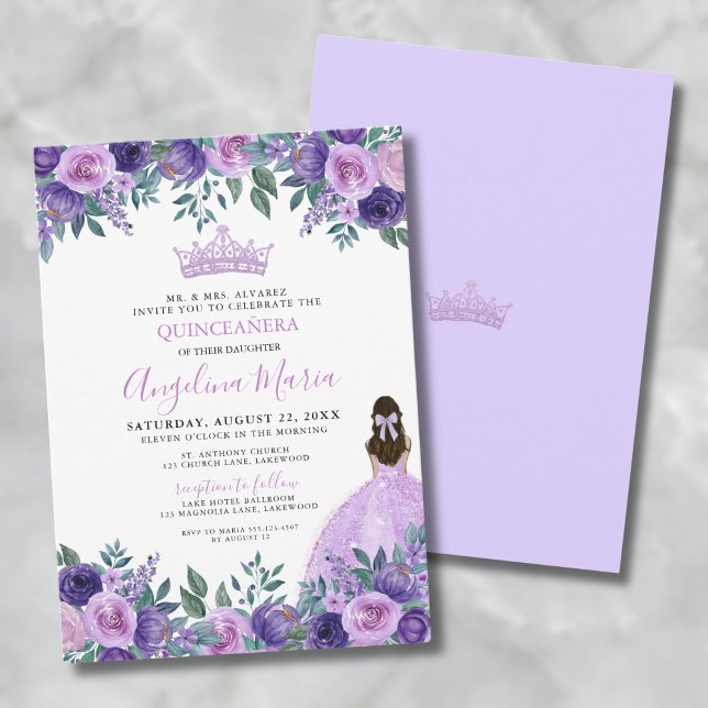 Invitation de Quinceanera Floral Purple (Floral Purple Quinceanera Invitation)