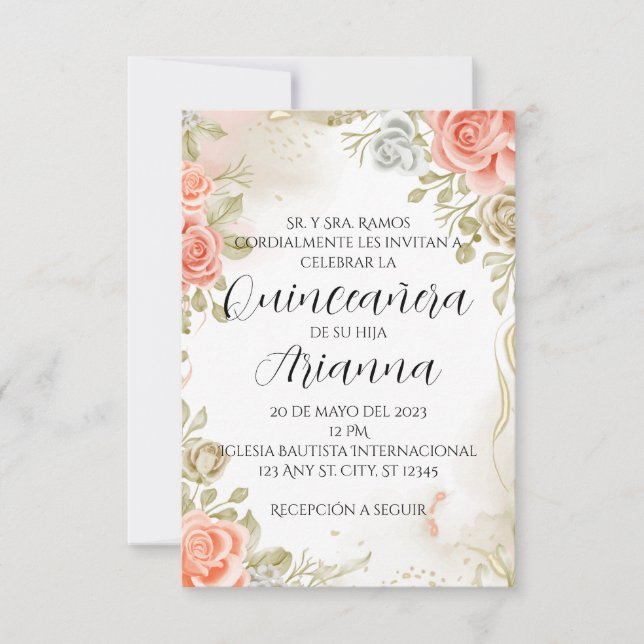 Invitation de Quinceañera Floral Rose doux/Mariage (Devant)