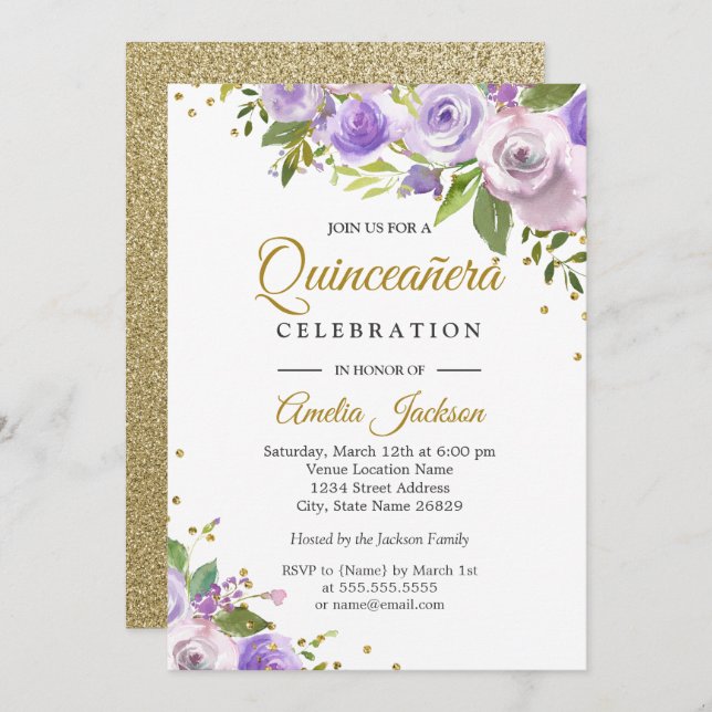Invitation de Quinceanera Floral Sparkle or violet (Devant / Derrière)