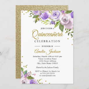 Invitation de Quinceanera Floral Sparkle or violet