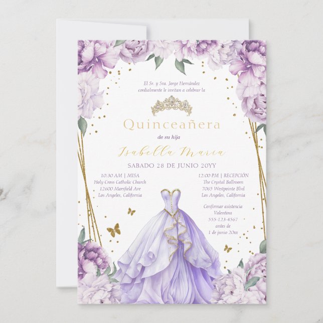 Invitation de Quinceañera Floral violet en espagno (Devant)