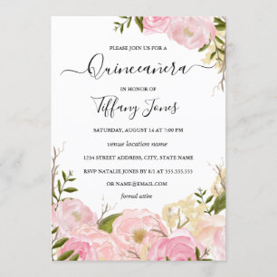 Invitation de Quinceanera florale à l'aquarelle ro