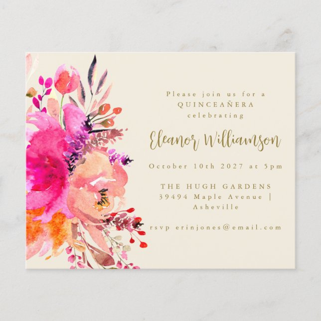 Invitation de QUINCEAÑERA florale à l'aquarelle ro (Devant)