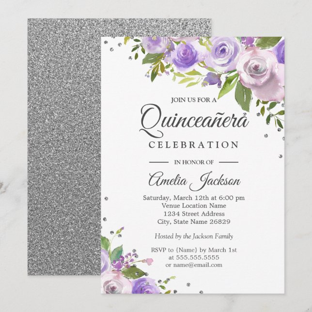 Invitation de Quinceañera florale avec éclat argen (Devant / Derrière)