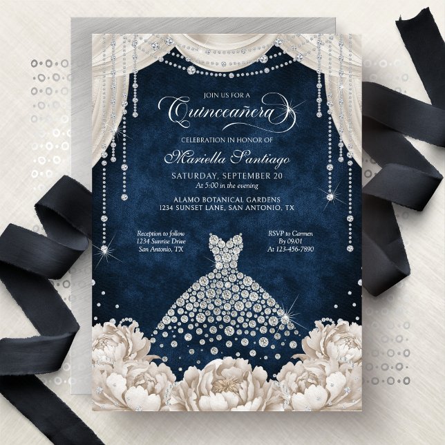 Invitation de Quinceanera Florale Blanche et Navy  (Créateur téléchargé)
