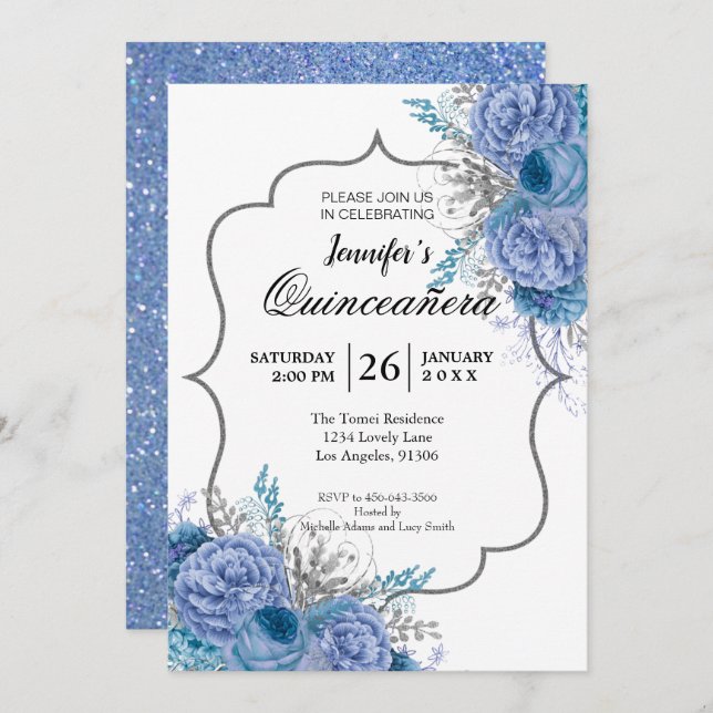 Invitation de Quinceañera Florale Bleue Pailletée (Devant / Derrière)