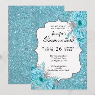 Invitation de Quinceañera Florale Bleue Pailletée
