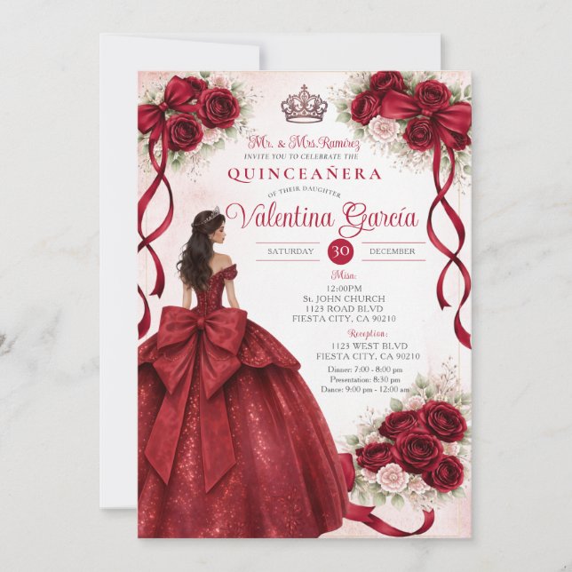 Invitation de Quinceañera Florale Bourgogne (Devant)
