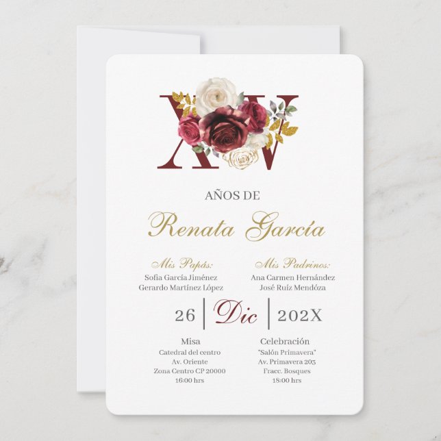 Invitation de quinceañera florale burgundy (Devant)