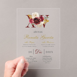 Invitation de quinceañera florale burgundy en acry