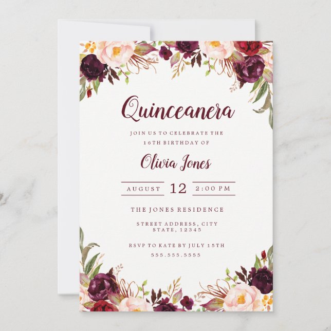 Invitation de Quinceanera Florale de Bourgogne (Devant)