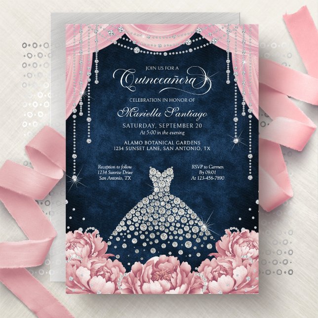 Invitation de Quinceanera Florale Diamant Rose (Créateur téléchargé)
