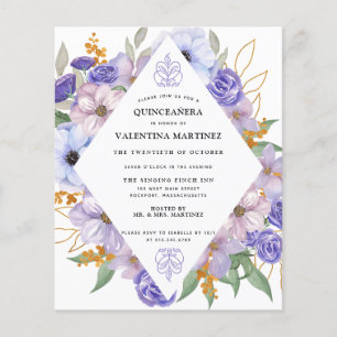Invitation de Quinceanera Florale d'or violet budg
