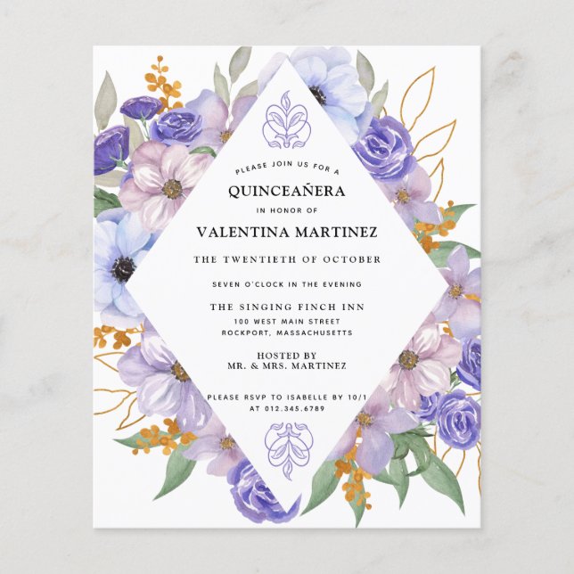 Invitation de Quinceanera Florale d'or violet budg (Devant)