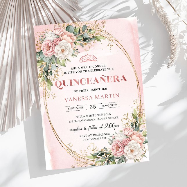 Invitation de Quinceañera florale en or rose (Rose Gold Floral Eucalyptus Quinceañera Invitation)