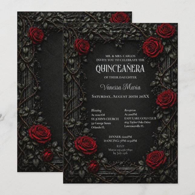 Invitation de Quinceañera Florale Gothique Rouge H (Devant / Derrière)