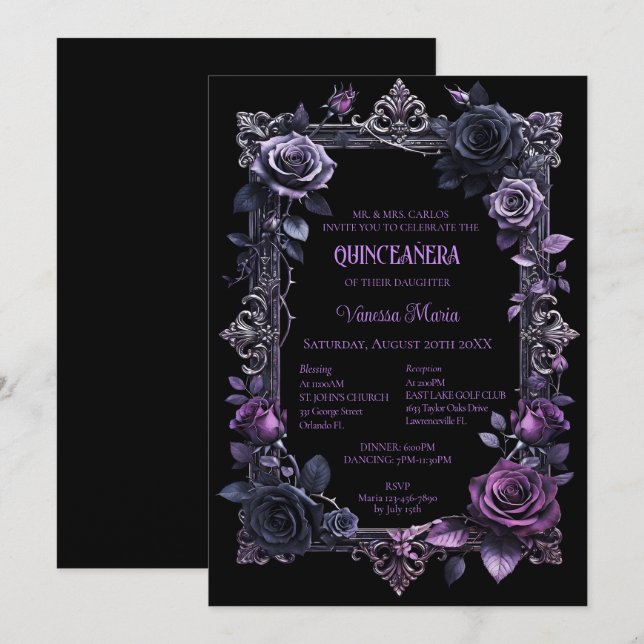 Invitation de Quinceañera Florale Gothique Violett (Devant / Derrière)
