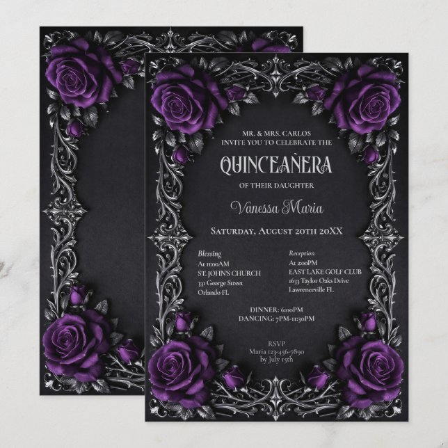 Invitation de Quinceañera Florale Gothique Violett (Devant / Derrière)