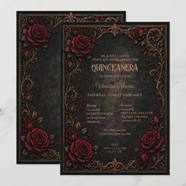 Invitation de Quinceanera Florale Halloween Gothiq (Devant / Derrière)