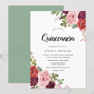 Invitation de Quinceanera Florale Mint & Pink Blus