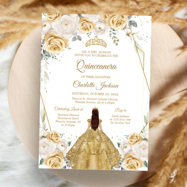 Invitation de Quinceañera Florale Or (Créateur téléchargé)