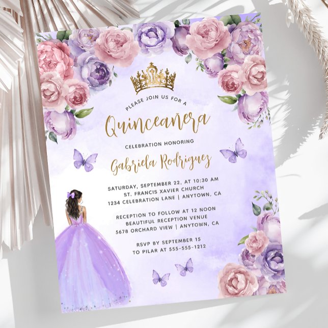 Invitation de Quinceañera florale or et violet bud (Créateur téléchargé)