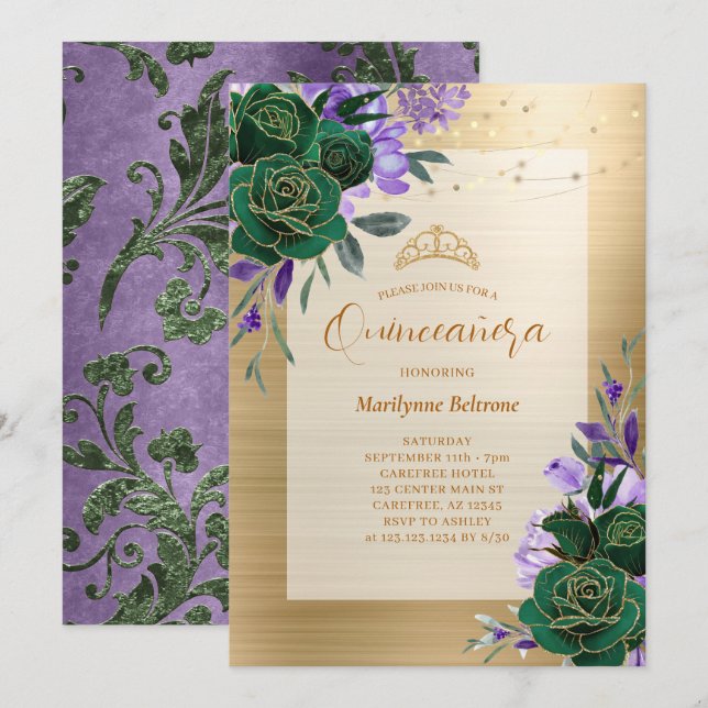 Invitation de Quinceañera Florale Or Vert Violet (Devant / Derrière)