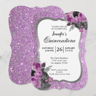 Invitation de Quinceanera Florale Pailletée Violet