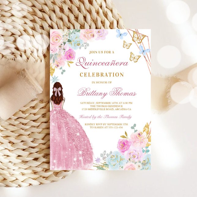 Invitation de Quinceanera florale rose (Créateur téléchargé)