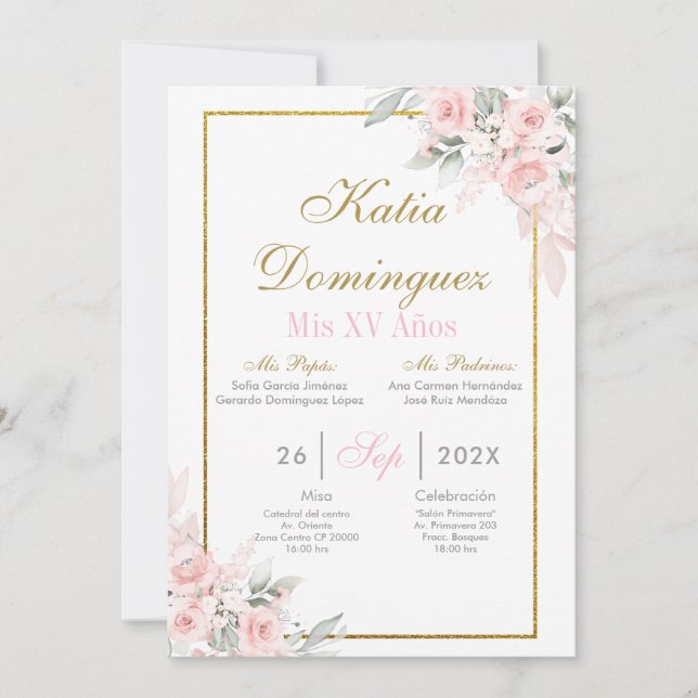Invitation de Quinceanera Florale Rose Blush (Devant)